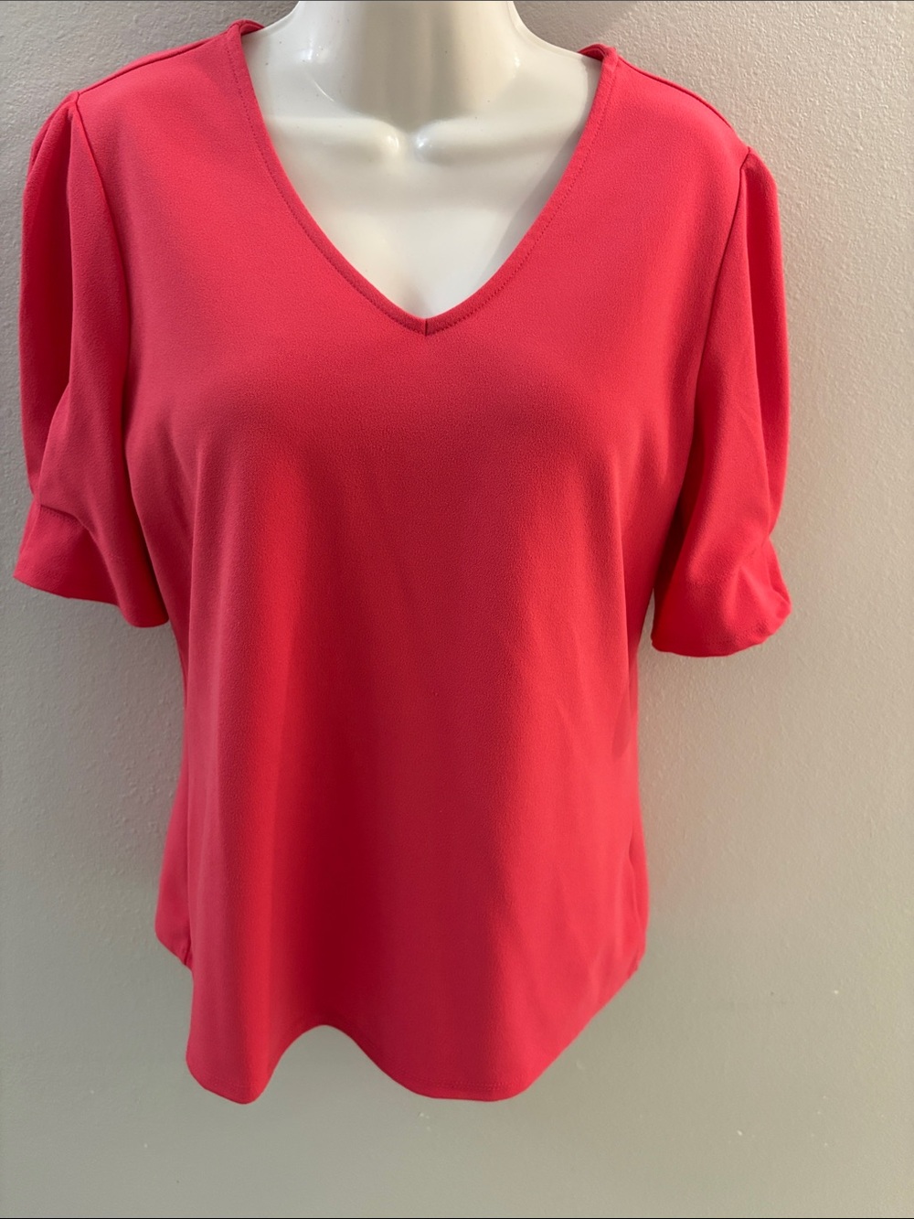 Worthington Coral Red V-Neck Puff Sleeve Blouse Sz Petite S